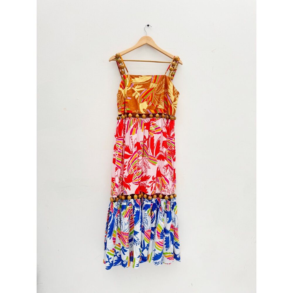 FARM RIO Mixed Color Birds Maxi Dress Wood Bead Tropical Ruffle Tiered Size S